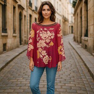 Robert Graham Silk Blouse Top Long Sleeve Floral Maroon Red Beaded Sequin XL